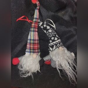 Set Of 2 Plaid and Knit Gnome Ornaments - Red, Black, White